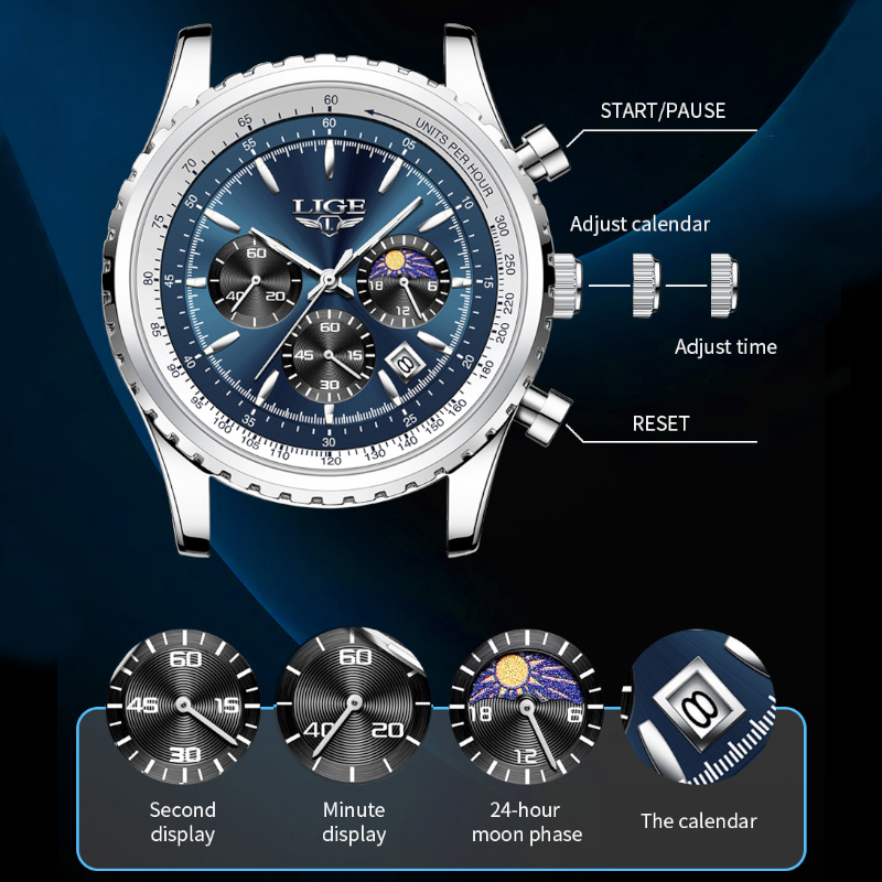 LIGE 남성용 럭셔리 쿼츠 시계, 문페이즈 스테인리스 - Luxury Watch Investment 리뷰 및 가격